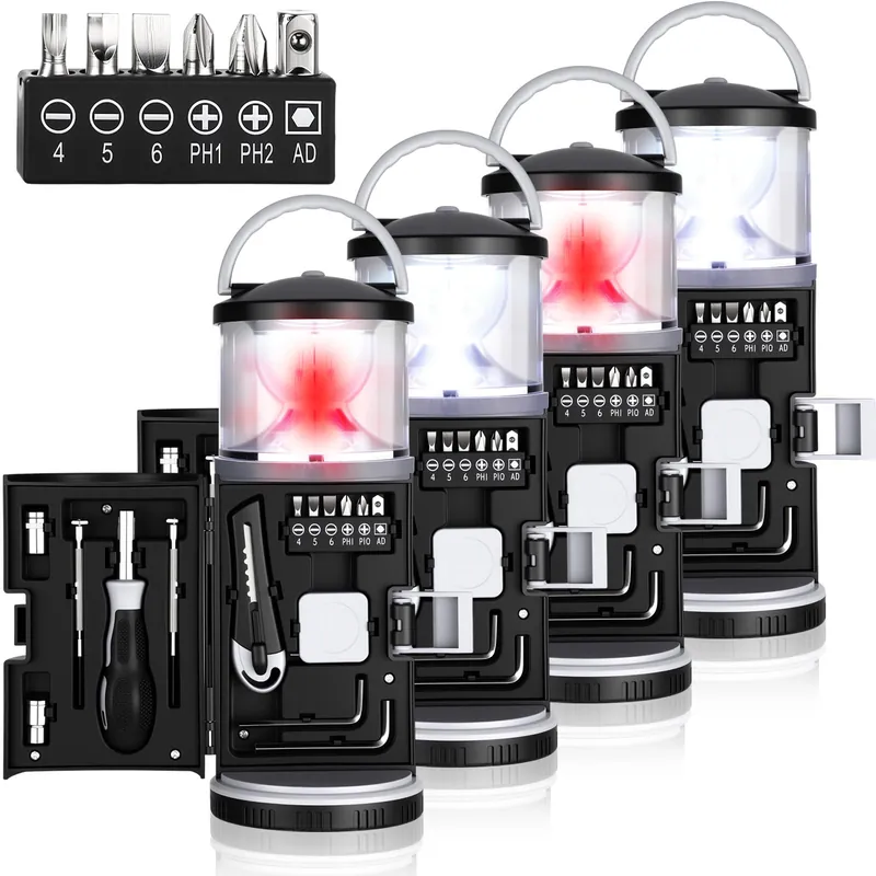 4 Pack Hunting and Fishing Gifts for Men/dad, LED Camping Lantern with 15pcs Multi Tool Kit Portable Emergency Lantern with Screwdriver for Outdoors Father‘s Day Birthday Present for Dad