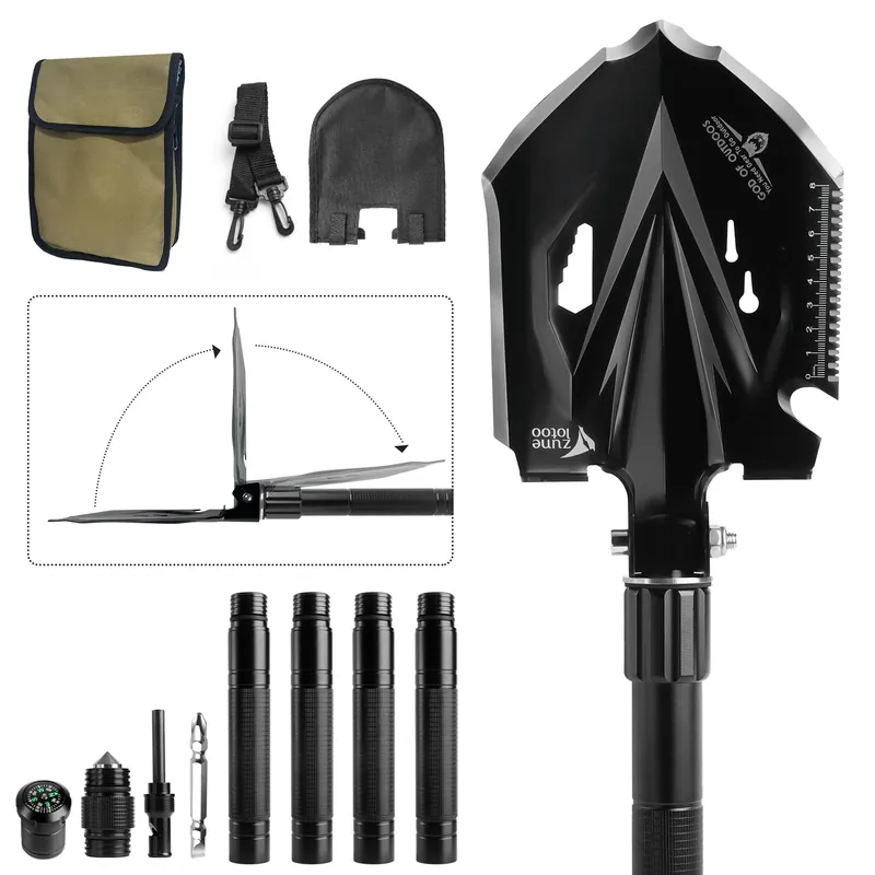 Zune Lotoo Camping Shovel Folding Multitool, 18 in 1 Compact Tactical Survival Shovel High Carbon Steel Camping Gear for Men Outdoor Hiking Backpacking Spade Emergency Car Offroad Entrenching Tool