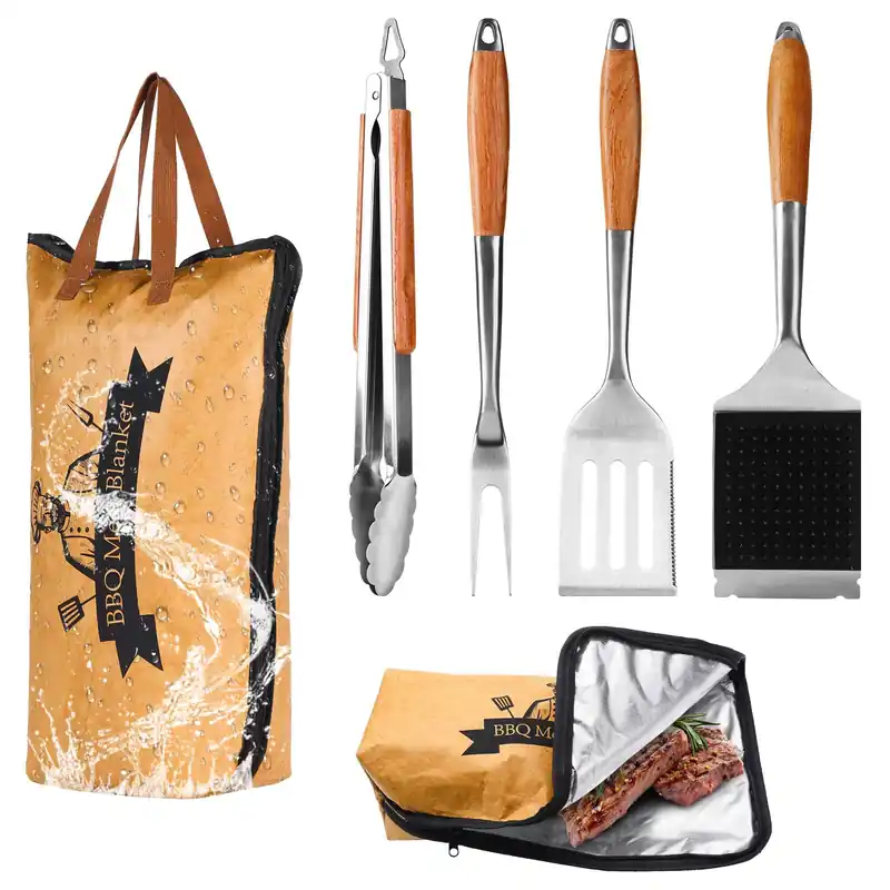 5in1 Heavy-Duty Rose Wooden BBQ Grilling Tools Set and BBQ Blanket for Resting Meat, Extra Thick SS Multi-Function Spatula, Fork, Brush & Tongs, Reusable Smoker Meat Insulated Bag, Ideal Gifts for Men