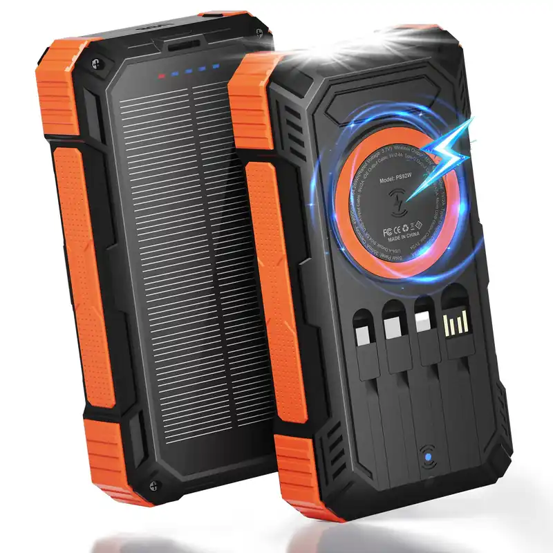 ERRBBIC Solar Charger Power Bank 49800mAh, 22.5W Portable Charger, 15W Wireless Charging, Solar Panel Charger, Built-in Four Cable, with USB C for Cell Phones, with Dual Flashlight for Camping