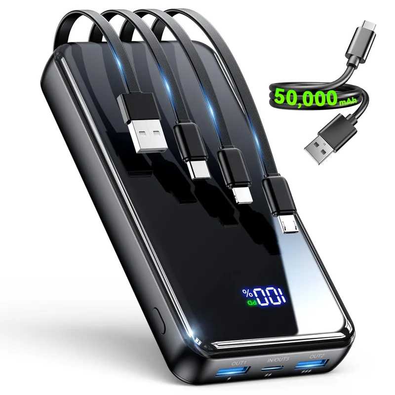 Portable Charger,50000mAh Power Bank Built-in Cable, 22.5W PD USB C In & Out Fast Charging, External Battery Pack with 6 Output & 2 Input, Travel Phone Charger for iPhone 17/16/15/14/13/12(Black)