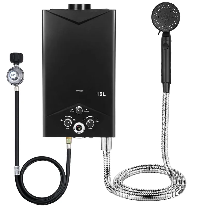 US Fast Arrival Tankless Water Heater Propane, 4.21GPM 16L Outdoor Portable Gas Instant Hot Water Heater with Digital Display Sprinkler for Camping Barn Cabin RV 1 Set
