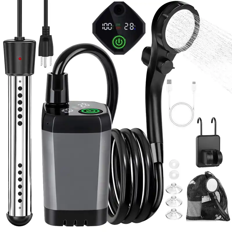 COOLIGO Portable Camping Shower with Heater, 6000mAh Rechargeable Camping Shower with 2000W Immersion Heater, LED Display, Heated Outdoor Shower for Travel, Hiking, Car, Pet