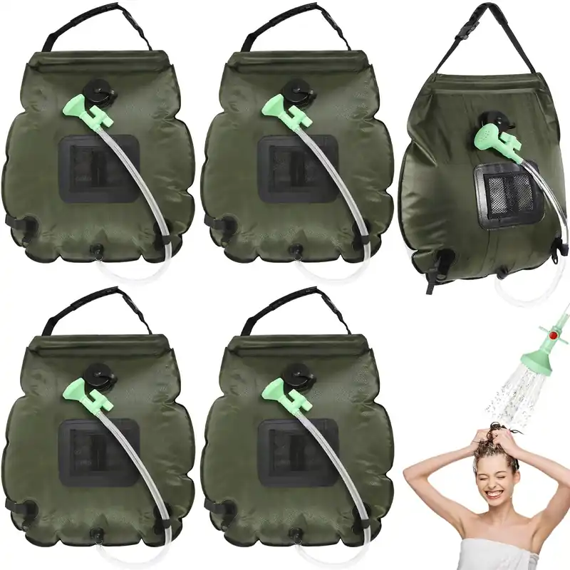 Hortsun 4 Pack Solar Portable Shower Bag 5 Gal/20l Solar Heating Camping Shower Bag with On-Off Switchable Head and Removable Hose for Outdoor Camping Hiking Traveling Beach Swimming(Green)