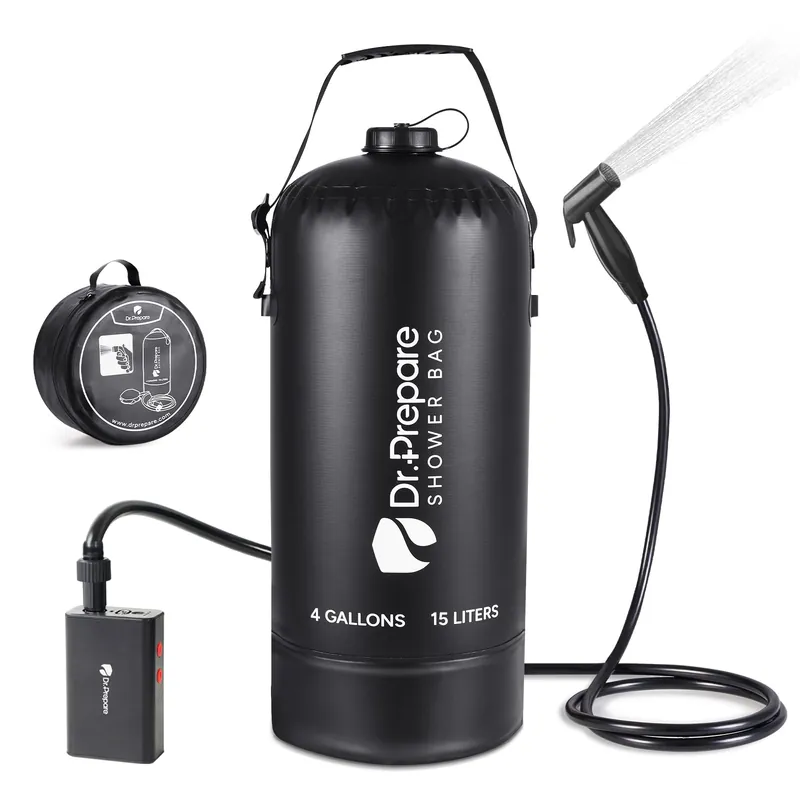 DR.PREPARE Portable Shower for Camping, 4 Gallons Camping Shower Bag, Portable Outdoor Shower with Pump for Hiking, Climbing, Pet Cleaning, Car Washing, Beach & Emergency