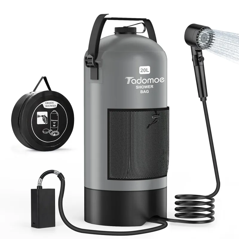 Tadomoe Portable Camping Shower with Battery Powered Pump, 5 Gal/20L Solar Heated Camp Shower Bag, 3-Mode Shower Head & Travel Case for Outdoor Camping, Beach Rinse & Dogs (Gray)