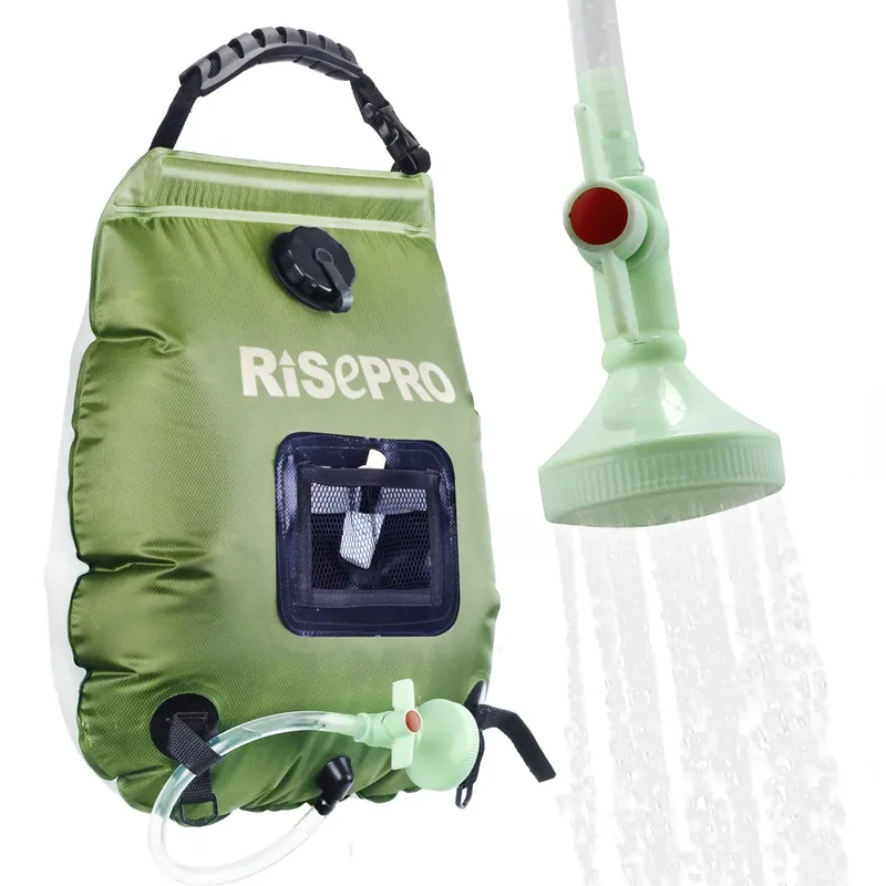RISEPRO Solar Shower Bag, 5 gallons/20L Solar Heating Premium Camping Shower Bag Hot Water with Temperature 45°C Removable Hose on/Off Switchable Shower Head Hiking Climbing Summer Shower K8