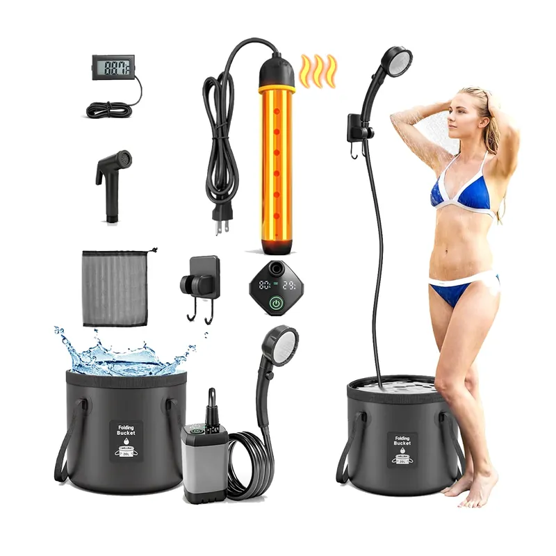 2026 Upgraded Portable Shower with Heater for Camping, 6000mAh Rechargeable Camping Shower Pump with LED Display, 3 Spray Modes 5 Gal Foldable Bucket, Outdoor Shower for Travel RV Pet Bath Car Washing