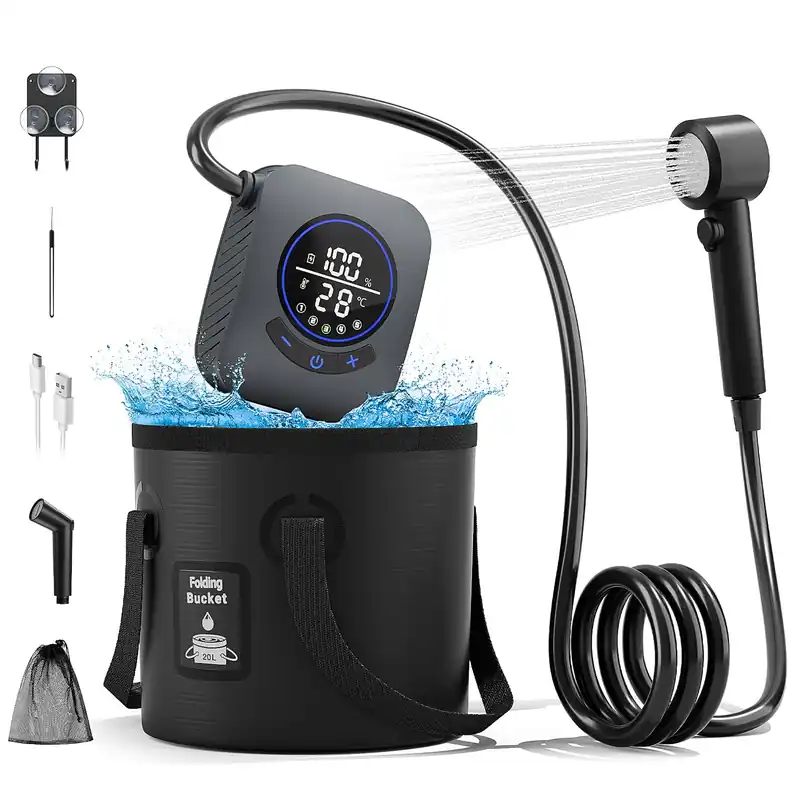 Moriko Portable Shower for Camping, 8000mAh Rechargeable Camping Shower with Intelligent LED Display, IPX8 Waterproof, 5 Gallons Foldable Bucket, Outdoor Shower for Hiking, Travel, Car, Pet, Beach, RV