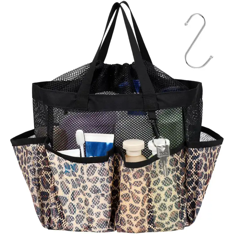 F-color Mesh Shower Caddy Portable with Drawstring - Large 8 Pockets Dorm Room Essentials for Guys Girls with S Hook, Shower Bag Basket Tote for College Camping Gym Travel Toiletry Bathroom, Leopard