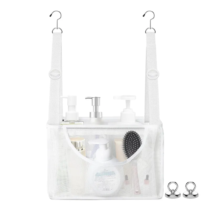 Haoyunll PVC Mesh Hanging Shower Caddy Organizer with 2pc Magnetic Hooks, Portable Adjustable Travel Bathroom Bag with Pockets for RV, Camping, Cruise, Dorm, Gym, White, 12“x5 x7（LxWxH）