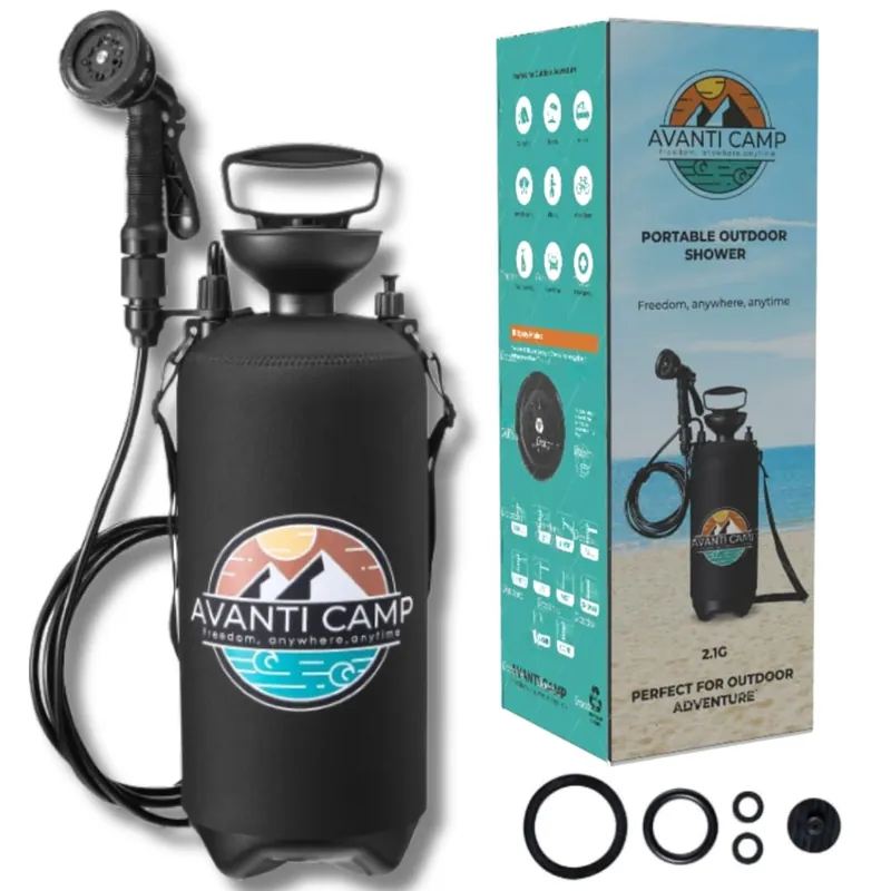 Pressurized Camping Shower (8L/2.1 Gal) – Portable Beach Shower for Surfing, Camping & Van Life – Outdoor Rinse Kit with Hand Pump & 10 Spray Modes – Portable Water Sprayer Pets & Gear AVANTI CAMP