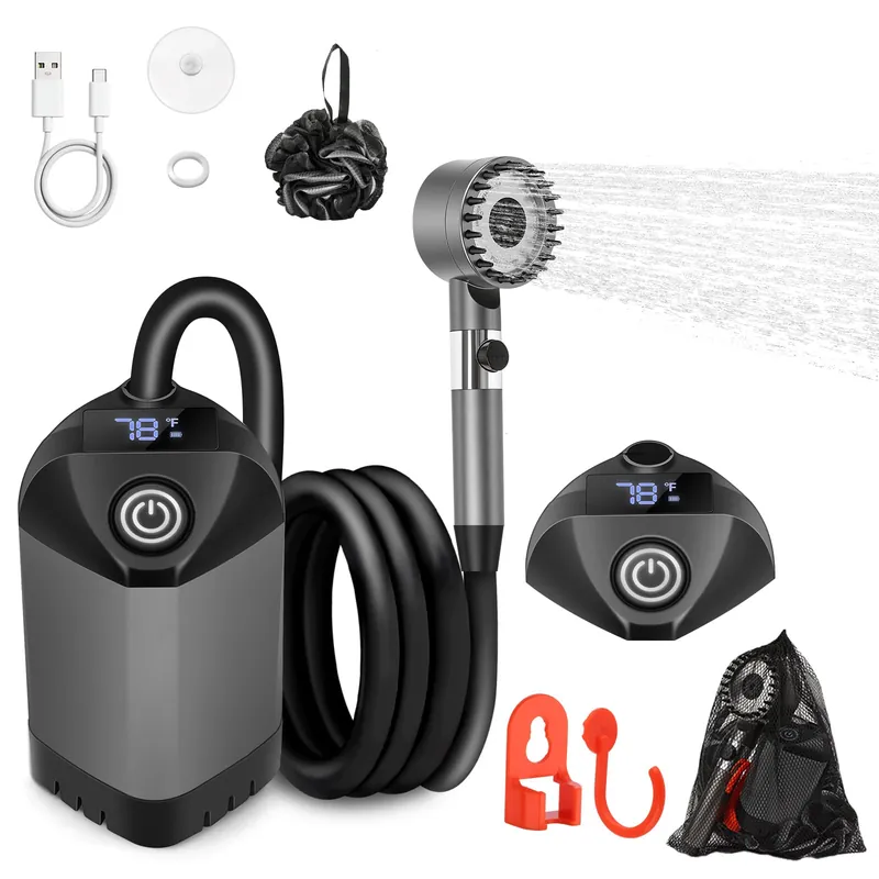 Debraltanner Portable Shower for Camping with 7800mAh Battery, Rechargeable Camping Shower with Intelligent LED Display, 3 Spray Modes, IPX8 Waterproof Outdoor Camp Pump for Hiking, Travel, Car, Pet