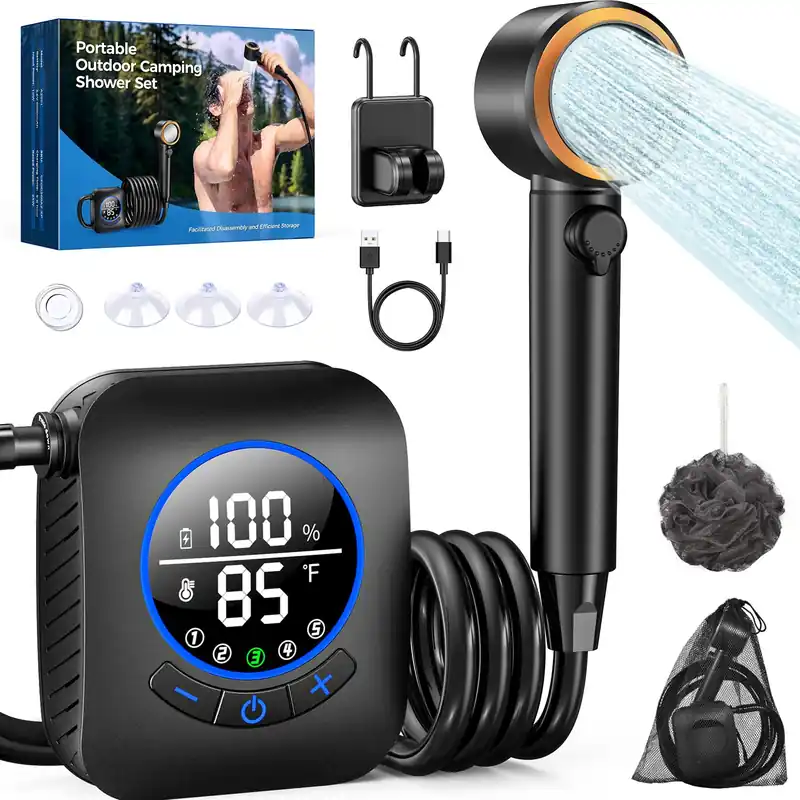 Docusvect Portable Shower for Camping 8000mAh with 3X Stronger Water Flow, Portable Camping Shower with 5 Pressure Levels, 4 Spray Modes, 26oz Ultra Lightweight, IPX8 Waterproof