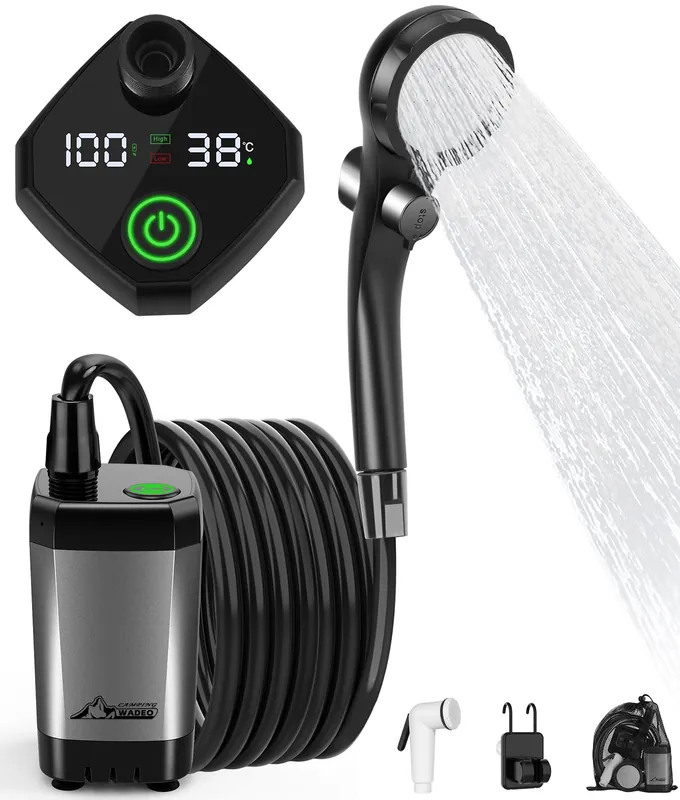 WADEO Portable Shower for Camping, 6000mAh Outdoor Electric Shower Rechargeable Pump with Intelligent Digital Display, Camping Shower Head Nozzle for Camping, Hiking, Traveling, Washing