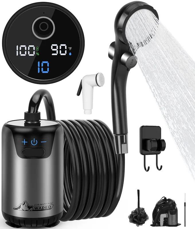 2026 Upgraded Portable Shower for Camping, Rechargeable Camping Shower with Intelligent LED Display, 10 Spray Modes, IPX7 Waterproof Outdoor Camp Pump for Hiking, Travel, Car, Pet
