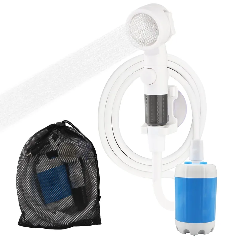 Outdoor Shower & Portable Rinse Kit, 10-Piece Portable Camping Shower with USB Rechargeable Pump, Hose and Multi-Spray Showerhead, Pumps Water from Bucket for Camping, Travel, Pet Bath, Plant Watering