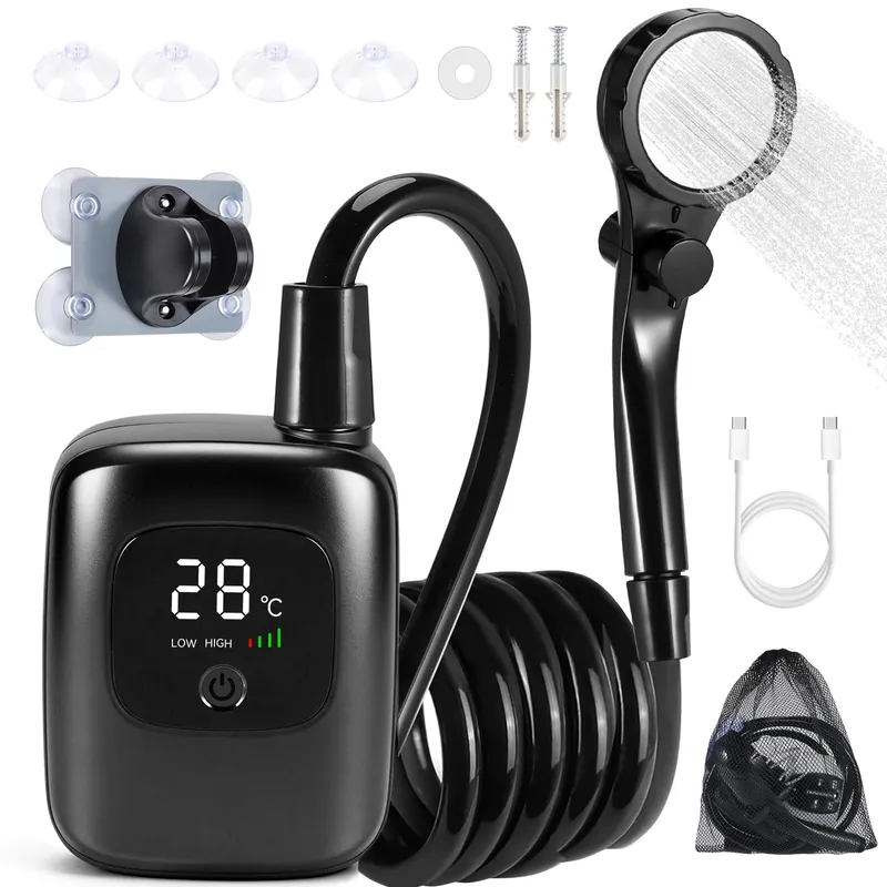 Portable Camping Shower, 2000mAh Rechargeable Battery, IPX9 Waterproof, LED Display with Battery & Water Temperature, Outdoor Shower Kit for Camping, Hiking, Travel, Car Washing & Pet Cleaning