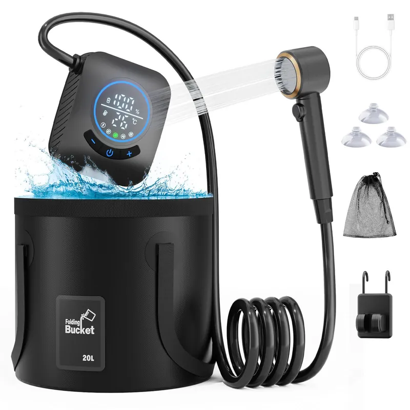 GOSCHE Portable Camping Shower, 8000mAh Rechargeable Outdoor Shower Pump with 20L Collapsible Bucket, Intelligent LED Display, IPX8 Waterproof Pump for RV, Travel, Hiking, Pet Bath, Beach