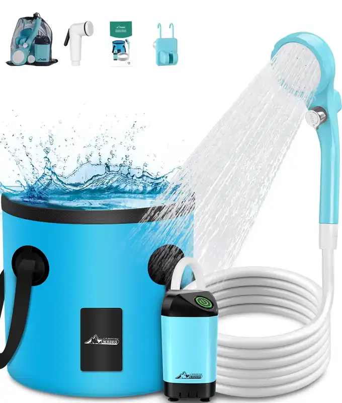 WADEO Portable Shower for Camping, Outdoor Electric Shower Rechargeable Pump with 20L Collapsible Bucket, Camping Shower Head Nozzle for Camping, Hiking, Traveling, Washing