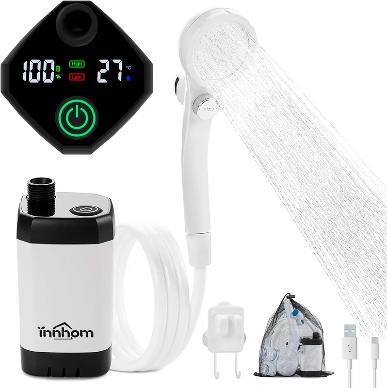 innhom Portable Camping Shower, 6000mAh Rechargeable Camp Shower Pump with LED Display, IPX7 Waterproof & 2 Spray Modes Electric Outdoor Shower for Hiking, Travel, Pet Bathing and Car Washing, White