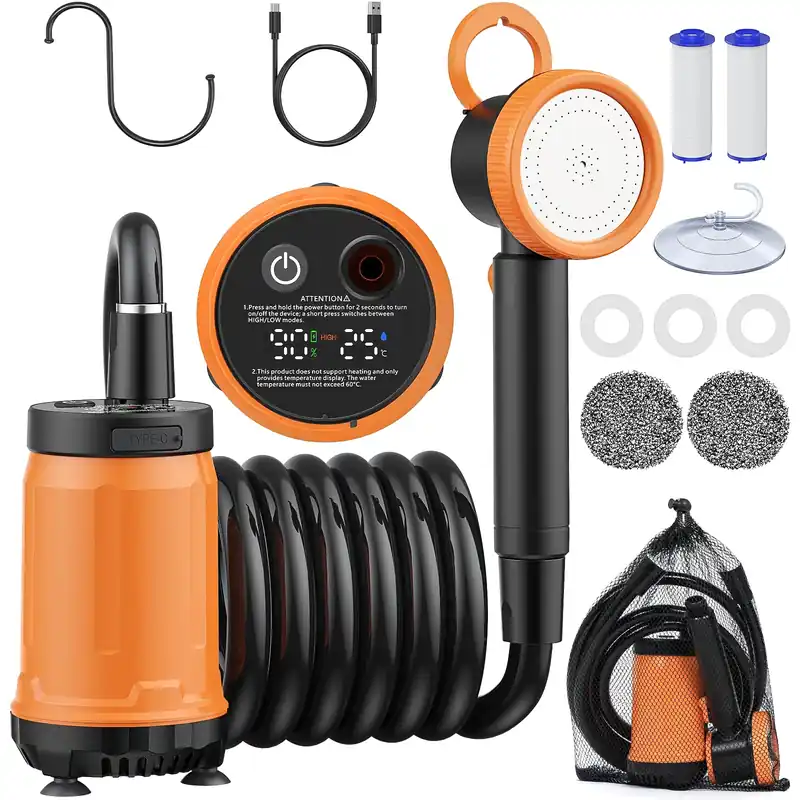 Novast Portable Shower for Camping, 8000mAh Rechargeable Outdoor Shower Pump with Filtered Showerhead, IPX8 Waterproof, LED Display, for Hiking, RV, Car Washing, Pet Bath & Plants, Orange & Black