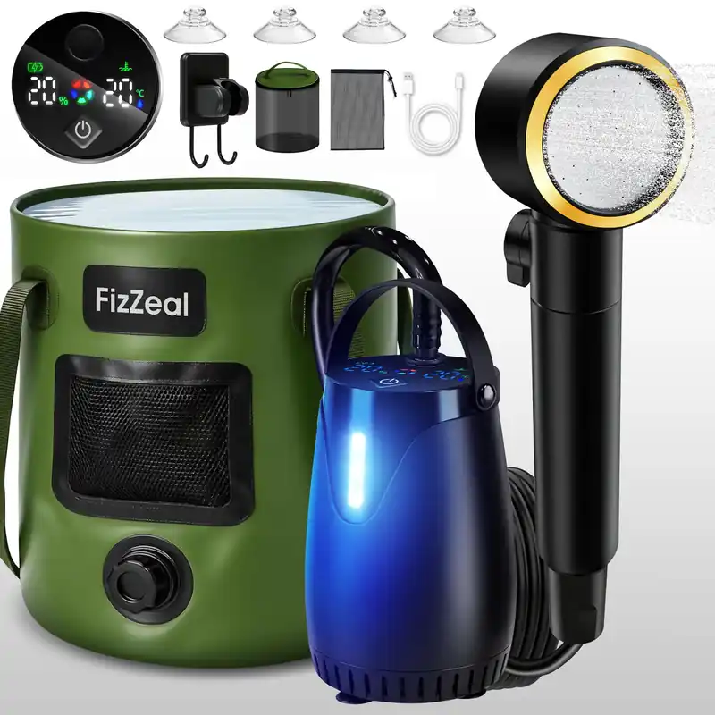 Portable Shower for Camping, 8000mAh Rechargeable Portable Camping Shower Pump with 6.6 Gallons Foldable Bucket, 5 Speed & LED Display,Rinse Kit Portable Outdoor Camping Travel Shower Head-Black