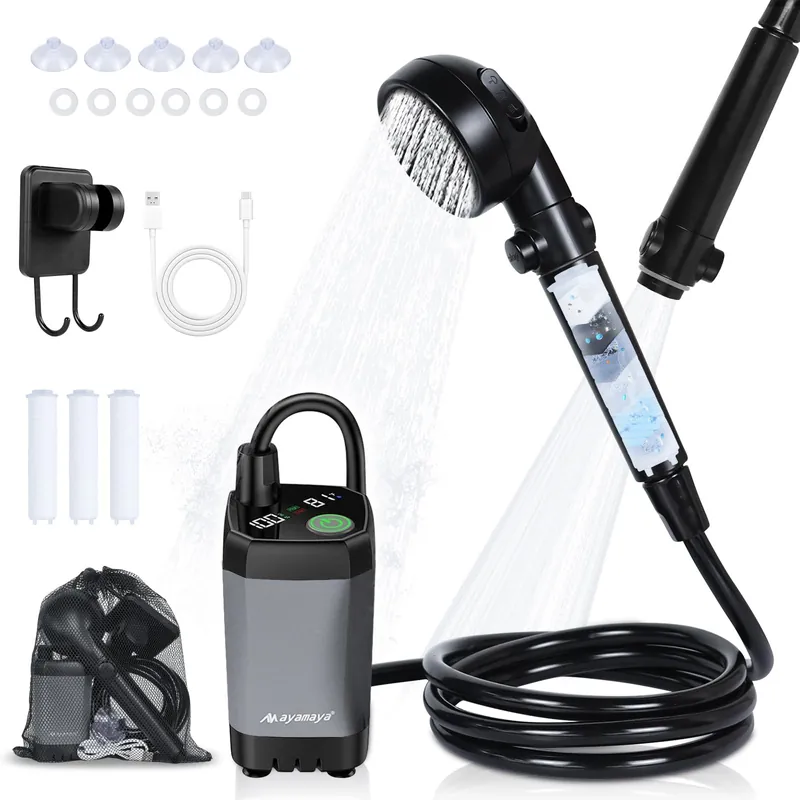 AYAMAYA Portable Shower for Camping, 6000mAh Rechargeable Shower Pump with Filtered Shower Head, 4 Spray Modes & LED Display, Outdoor Camp Showers for Hiking, Beach, Travel, Pet Bath, Car Washing