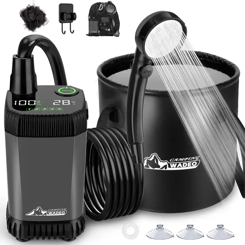 2026 Upgraded Portable Shower for Camping, Rechargeable Camping Shower with LED Display, 5 Gal Collapsible Bucket, 5 Adjustable Speeds, IPX8 Waterproof Portable Shower Kit for Hiking, Car, Pet, Travel
