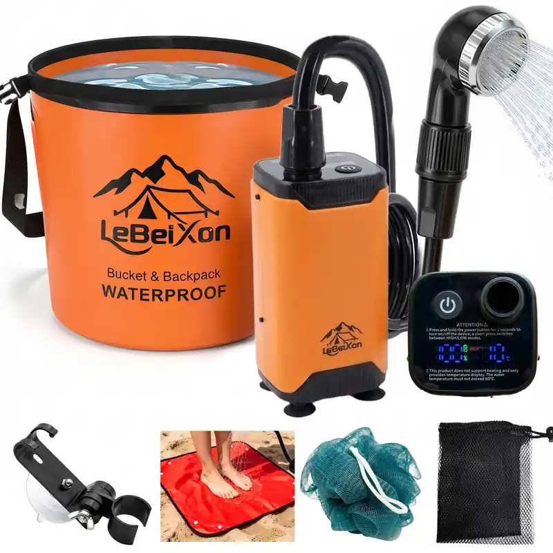 8000mAh Portable Rechargeable Camping Shower, Shower pump 150 min Runtime, 4 Gallon Bucket, Shower Mat, IPX8, Filtered Shower Head Outdoor Camp Shower kit for Hiking, RV Travel, Pet Bath, Power Outage
