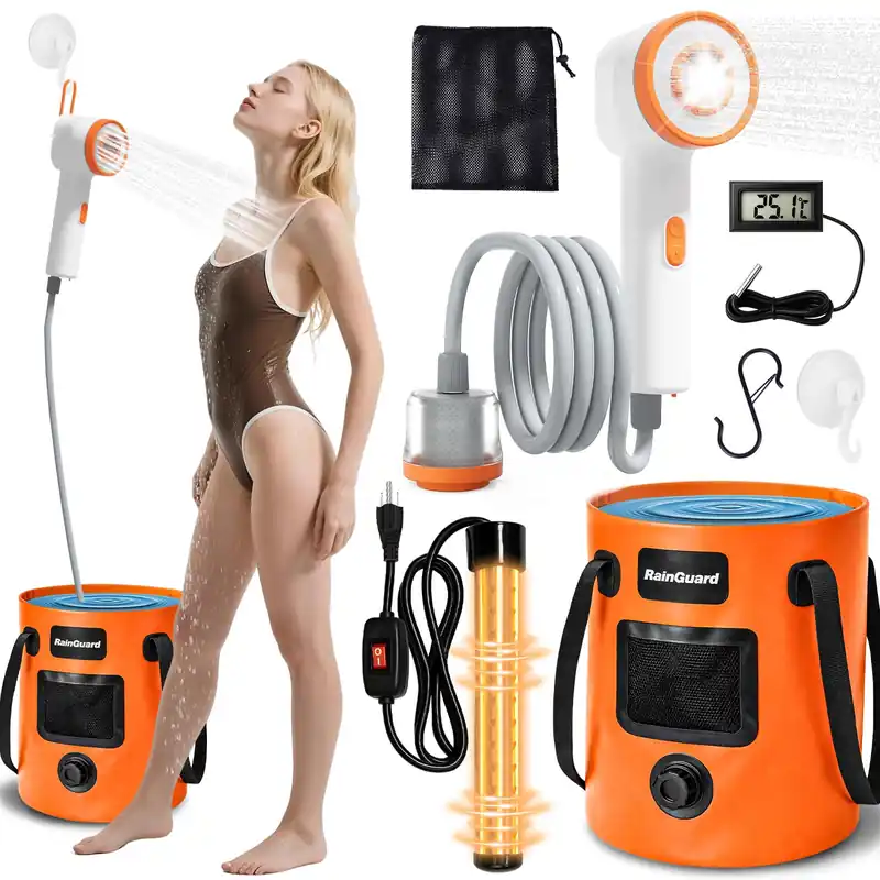 Portable Camping Shower, Camping Shower Pump with Filter, Shower Head with LED Light, Immersion Heater, Foldable Bucket, Summer Beach, Outdoor Camp Showering, Hiking, Pet Bath, RV Car Wash,Water Plant