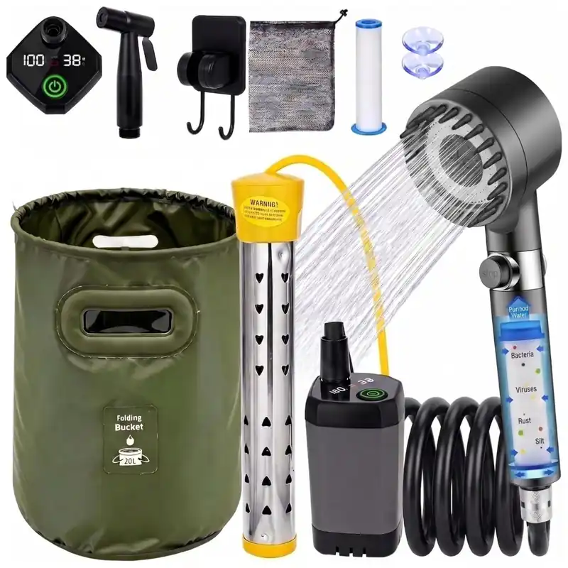 Portable Shower for Camping with Heater, Portable Camping Shower Pump with 6000mAh Battery, 1500W Water Heater, 5.3Gal Foldable Bucket, Digital Display Outdoor Shower for Camping, Beach, RV