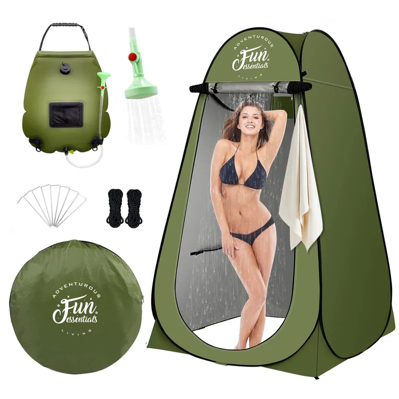 FUN ESSENTIALS Solar Shower Tent Kit, 2 Pcs, Instant Pop Up Privacy, Shower Tent, 5 Gallon Solar Shower Bag, Sun Canopy Beach Outdoor Camp Privacy, Easy Set Up, Foldable