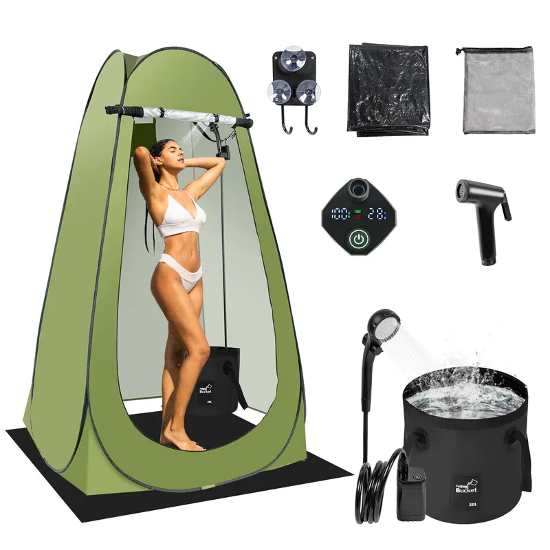 Pop Up Shower Tent for Camping, Portable Outdoor Privacy Shower Tent with 6000mAh Rechargeable Shower (Green)