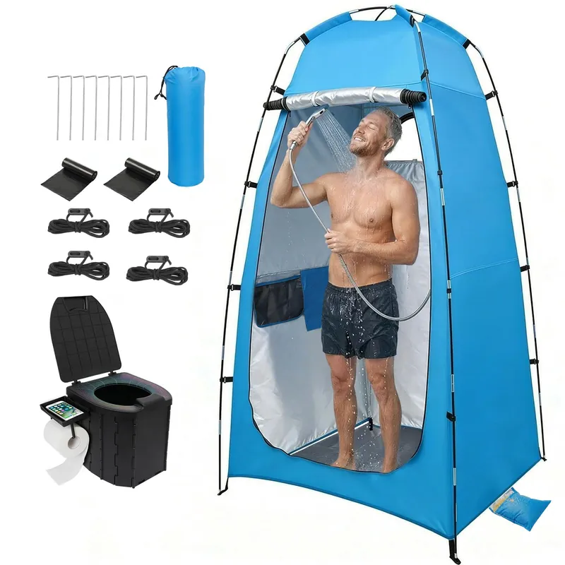 82.7-Inch Tall Shower Tent and Camping Toilet Kit,Easy-Setup Portable Toilet and No-See-Through Changing Room for Camping,Beach,Travel,Outdoor Adventures,Windproof Outdoor Privacy Shelter Tent