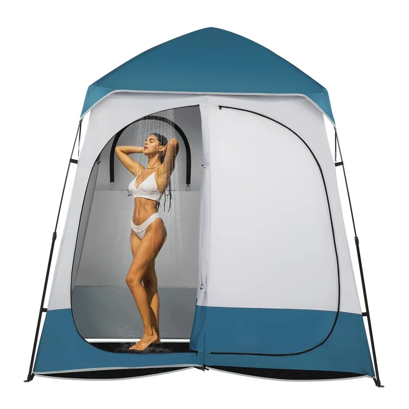 Outvita Oversize 2 Rooms Shower Tent, 7.5 FT Outdoor Pop up Changing Room, Instant Extra Wide Privacy Shelter for Camping Dressing Toilet Bathroom with Carry Bag, Blue & White