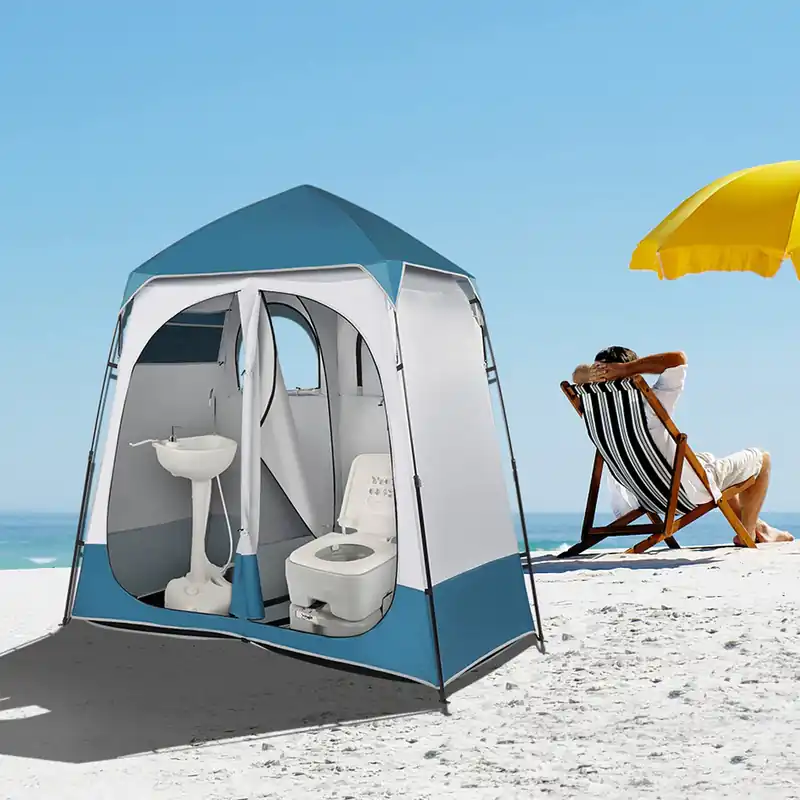 Double Dressing Tent,Oversize 2 Rooms Shower Tent, 7.5 FT Outdoor Pop up Changing Room, Instant Extra Wide Privacy Shelter for Camping Dressing Toilet Bathroom with Carry Bag, Blue & White