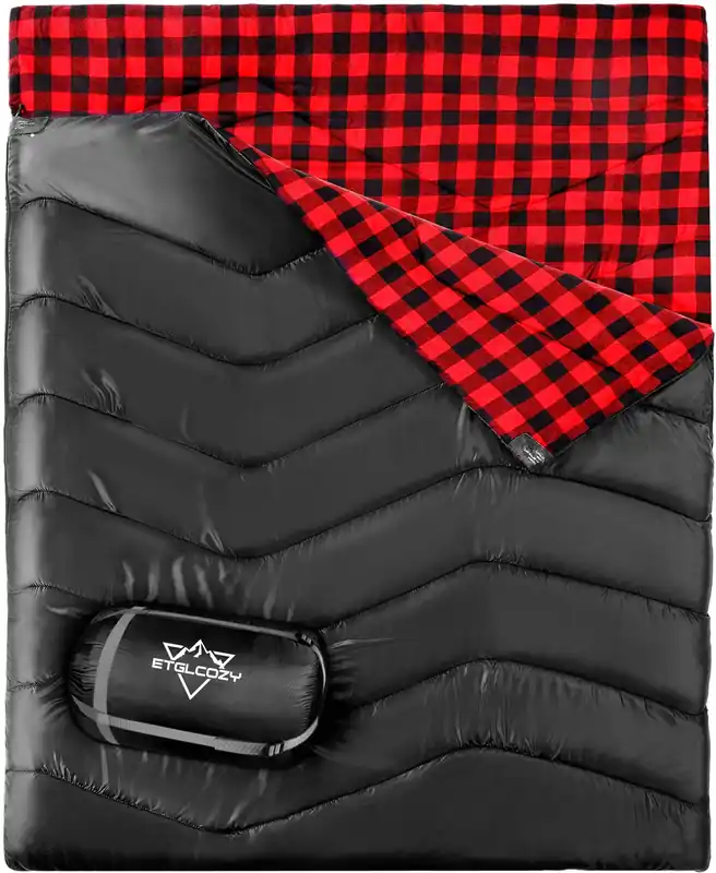ETGLCOZY XL Queen Size 2 Person Double Sleeping Bag for Adults, Lightweight Compact with Flannel Liner & Thermolock Draft Tube, Machine Washable All Season Camping Travel(Black/Red)