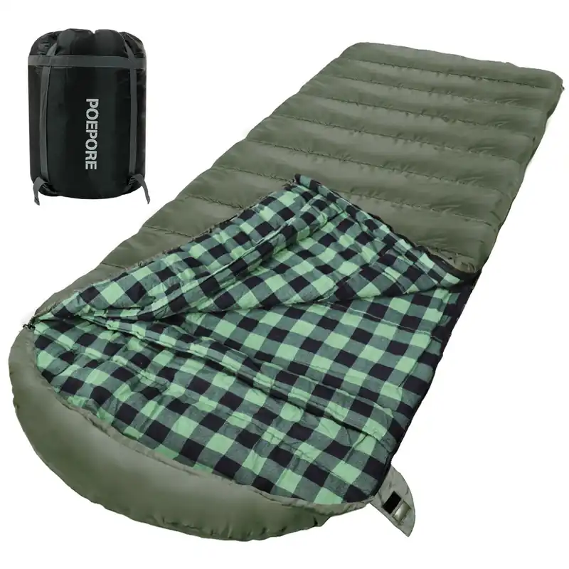 POEPORE 0 Degree Sleeping Bag 100% Cotton Flannel XXL Cold Weather Winter Oversized Sleeping Bag for Adults Camping Zero Degree Big and Tall with Compression Sack