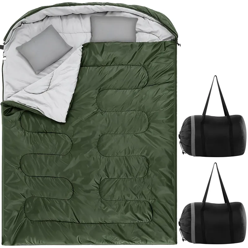 Tranqun 2 Pack Double Sleeping Bag for Adults, Queen Size Two Person Camping Sleeping Bag with Pillow Waterproof 3 Season Cotton Fabric for Hiking Backpacking Warm & Cold Weather(Army Green)