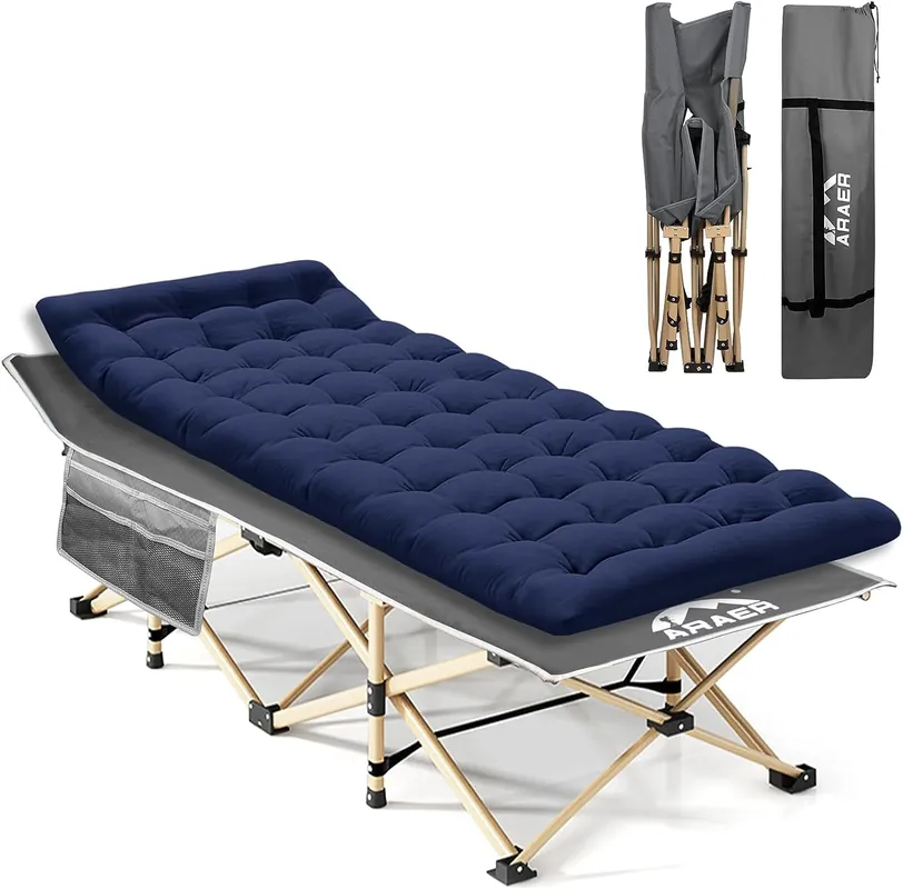 ARAER Camping Cot, 450LBS(Max Load), Portable Folding Outdoor Bed with Carry Bag for Adults Kids, Heavy Duty Cot for Traveling Gear Supplier, Office Nap, Beach Vocation and Home Lounging (Navy Blue)