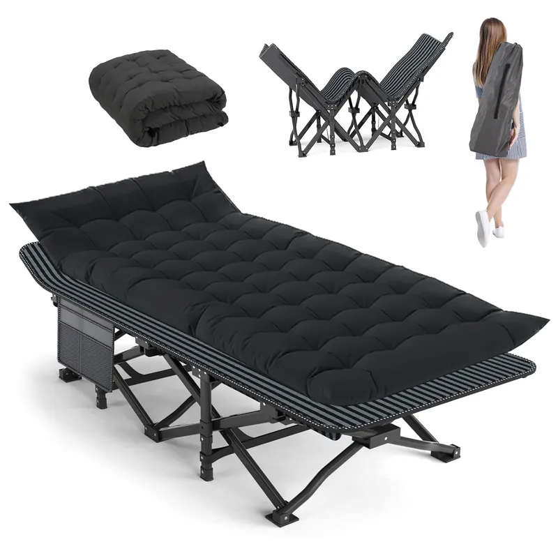 Camping Cot, 28‘‘ Wide Heavy Duty Sleeping Bed for Adult, Protable Folding Cot with Mattress & Carry Bag (Black)
