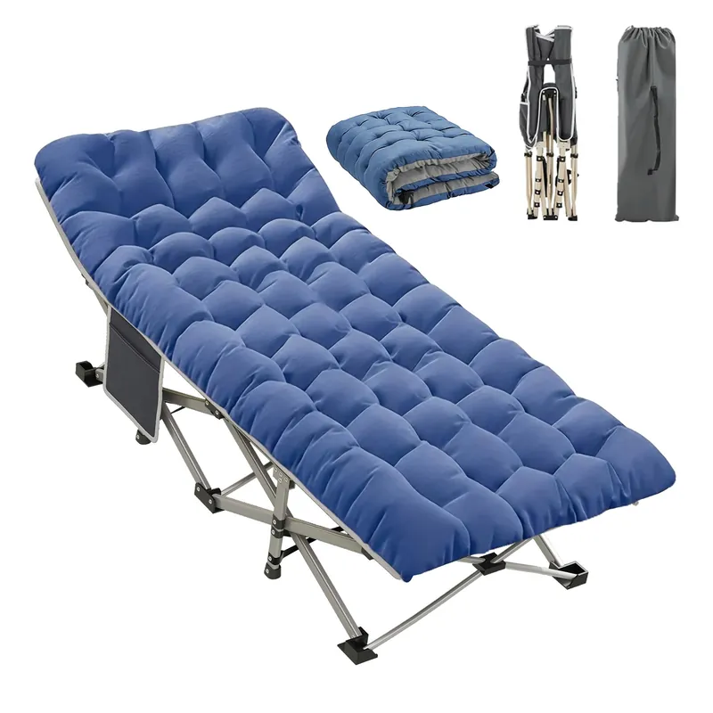 Aivernses Camping Cot, Camping Cot for Adults, Heavy Duty Folding Bed with Mattress,Portable Cot Bed with Carry Bag, Outdoor & Home Office Nap, Max Load 600 LBS, Blue