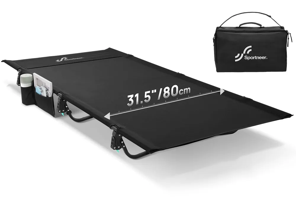 Sportneer Camping Cot 31.5’’ Extra Wide Compact Sleeping Cots with Side Pocket - Lightweight Folding Cot for Camping Traveling Tent Day, Carry Bag Included, Easy Setup - Size 74.8‘‘x31.5‘‘