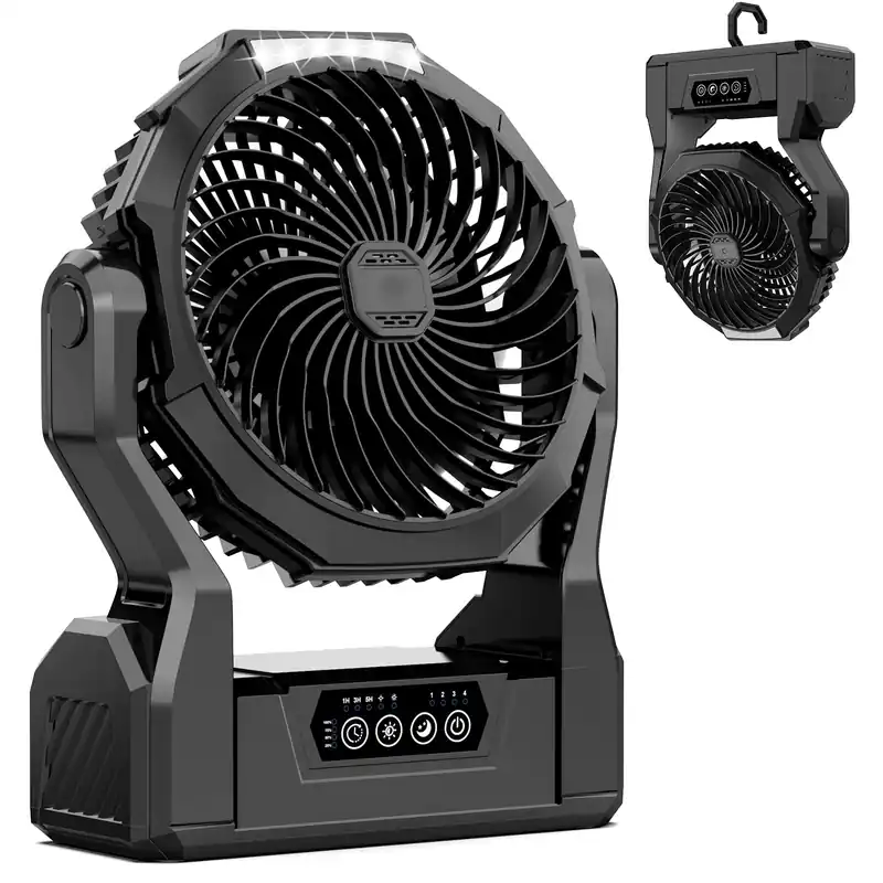 XZK Camping Fan, 20000mAh Rechargeable Battery Powered Fan with LED Lantern, Cordless Portable Tent Fan with Hanging Hook, 4 Speeds 2 Brightness Levels for Home Desk Outdoor - Black