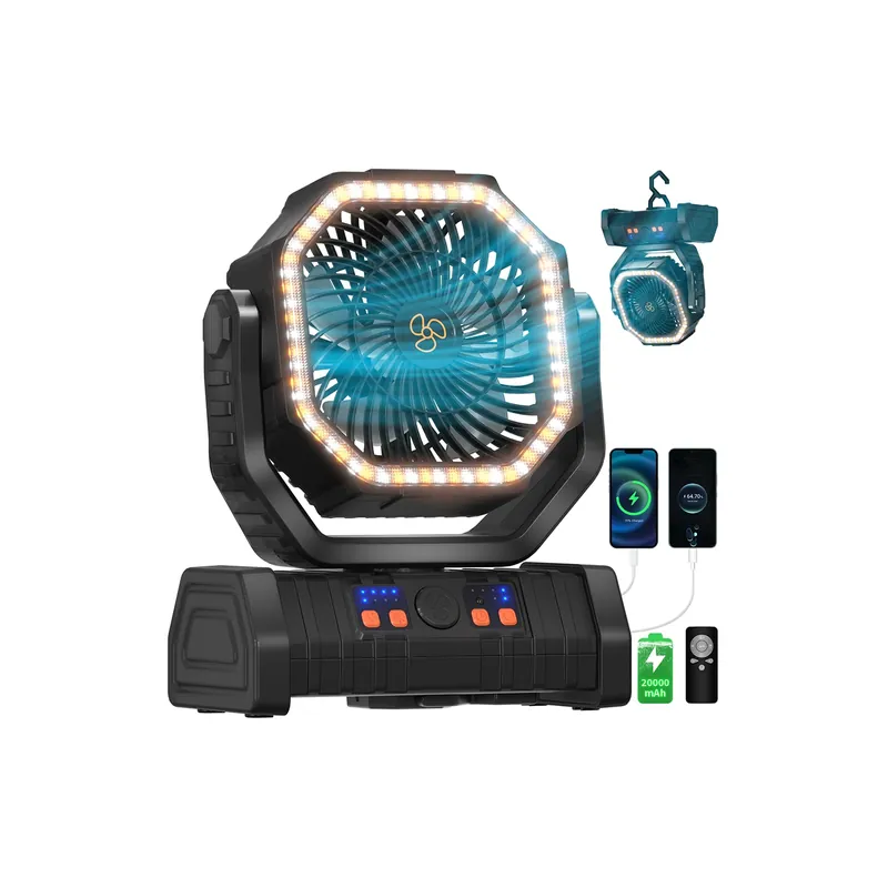 EEIFO Battery Operated Fan Portable Battery Powered Outdoor Camping Tent Fan with LED Lantern Light 20000mAh Rechargeable, Oscillating, 360° Rotating Hanging Hook, Cordless USB Desk Fan(Black)