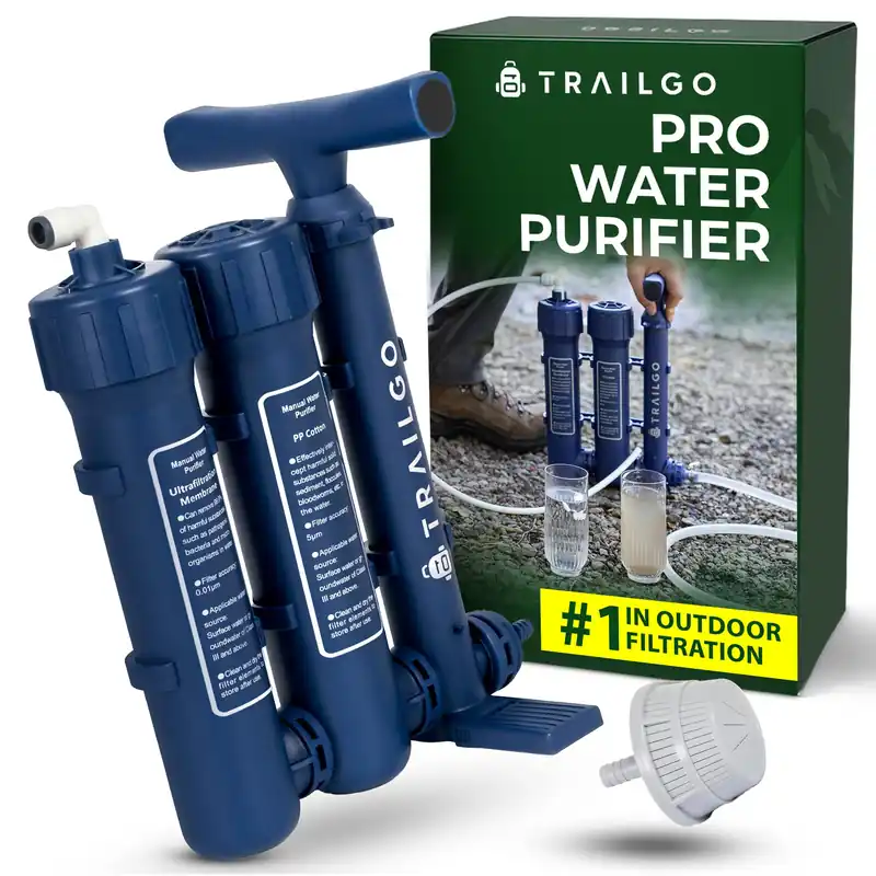 Trailgo Pro Water Purifier Water Purification System for Survival - High-Volume Hand Pump Portable Water Filter for Camping, Hiking, Hunting, Emergency Preparedness - 3-Stage Water Filtration System