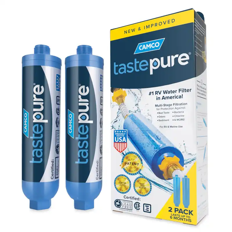 Camco Tastepure RV Water Filter - Advanced 6-Step Patent-Protected Filtration - Camping Essentials for Fresh Drinking Water - 2-Pack of RV Inline Water Filters, Made in USA (40045)