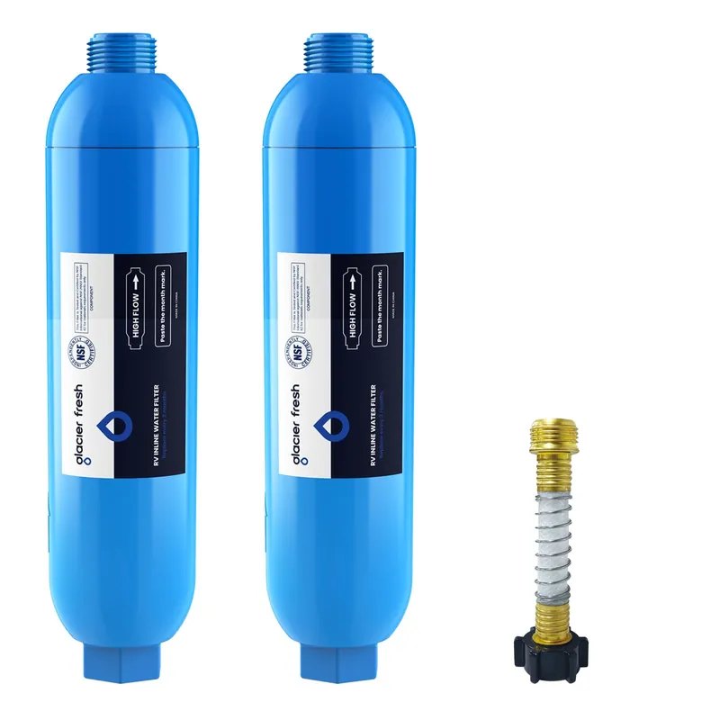 GLACIER FRESH RV/Marine Water Filter with 1 Flexible Hose Protector, Greatly Reduces Bad Taste, Odors, Chlorine and Sediment in Drinking Water, 2 Pack