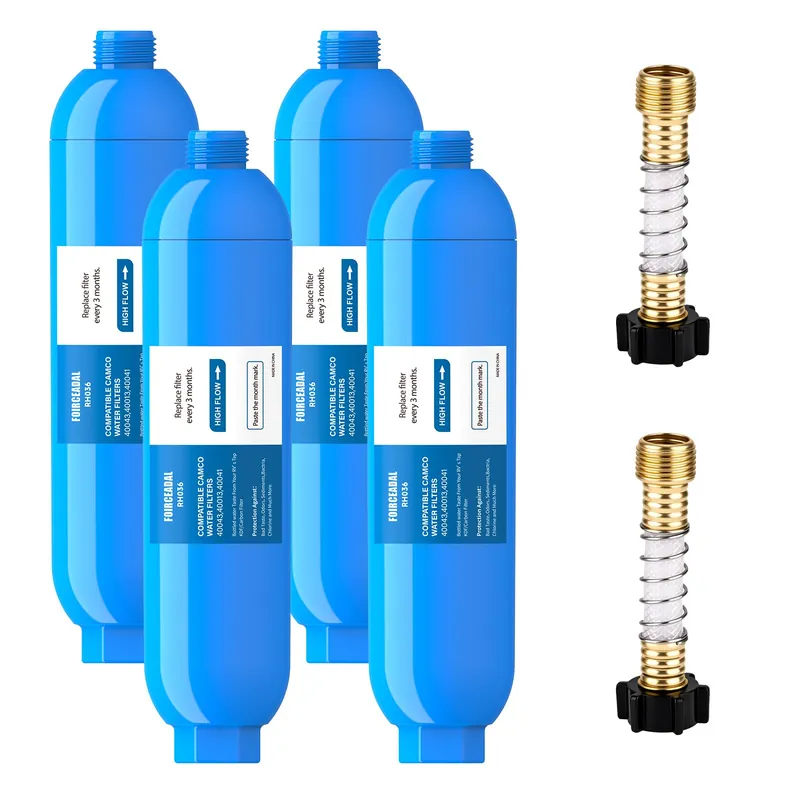 FOIRCEADAL RV Water Filter with 2 Flexible Hose Protector, NSF Certified, 4 Pack Inline Water Filter Reduces Chlorine, Bad Taste, Odor, Sediment, RV Accessories for Campers, Marine, Garden Hose, Boat